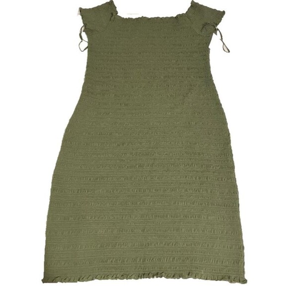 NWT GAP Women’s Off-Shoulder Smocked Stretch Cotton Blend Mini Dress Green Sz L - Picture 2 of 9
